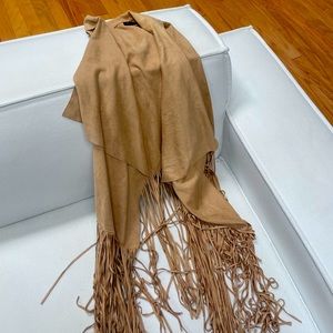Fun Tan Fringe Lines 70s Style Vest Faux Suede Material